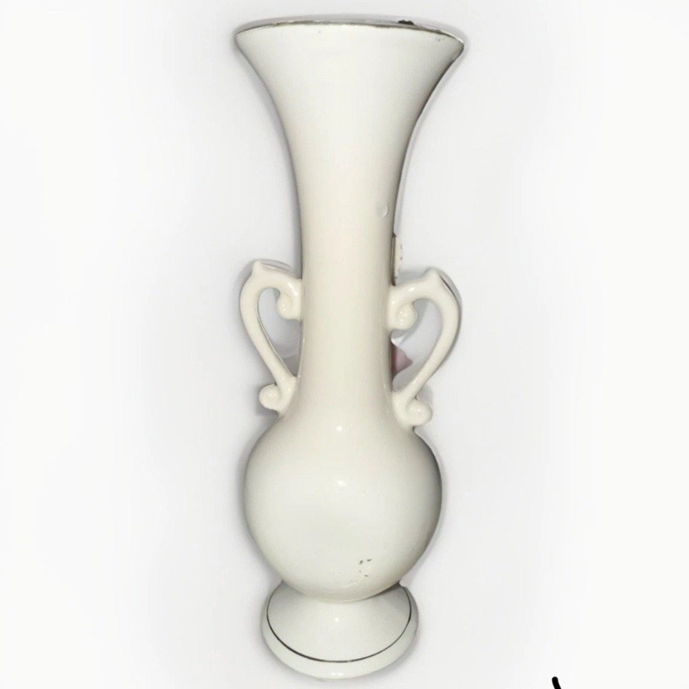 Vintage Ucagco Ceramic Japan Vase w/Applied Pink Roses & Leaves & Gilt Handles - Picture 4 of 6